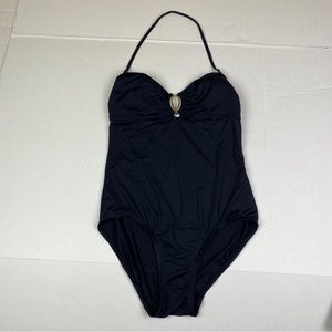 Vince Camuto Women's Size 8 Swimsuit One Piece Solid Black Gold Metal Peep Hole